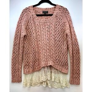 POL Blush Pink Cable Knit Lace Hem Sweater Sz M Cottagecore Romantic Cozy Boho